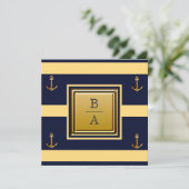 Nautical Navy Blue Yellow Stripes Anchor Wedding Kaart (Staand voorkant)