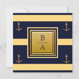 Nautical Navy Blue Yellow Stripes Anchor Wedding Kaart