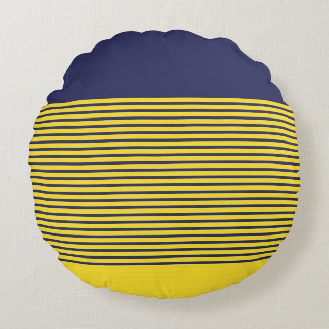 Nautical Navy Blue Yellow Stripes Rond Kussen (Voorkant)
