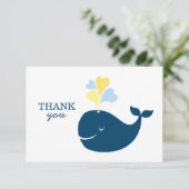 Nautical Navy Blue Yellow Whale Boy Baby shower Bedankkaart (Staand voorkant)