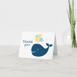 Nautical Navy Blue Yellow Whale Boy Baby shower Bedankkaart