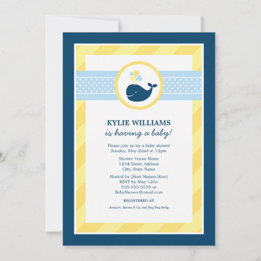 Nautical Navy Blue Yellow Whale Boy Baby shower Kaart (Voorkant)