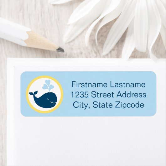 Nautical Navy Blue Yellow Whale Retouradres Etiket (Insitu)