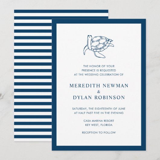 Nautical Navy Blue Zee Turtle Elegant Bruiloft Kaart (Voorkant / Achterkant)