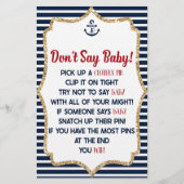 Nautical Navy Blue zeg niet Baby shower Game Briefpapier (Voorkant)