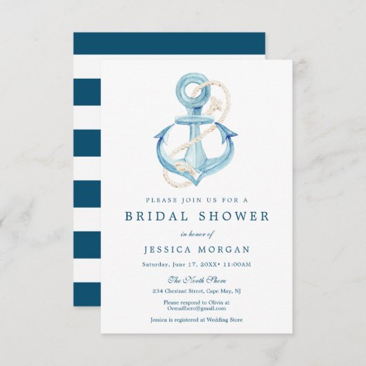 Nautical Navy Bridal Shower Invitation Kaart (Voorkant / Achterkant)