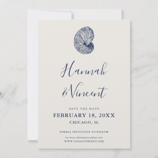 Nautical Navy Conch Save the Date Kaart (Voorkant)