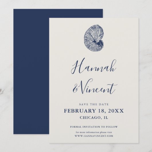 Nautical Navy Conch Save the Date Kaart (Voorkant / Achterkant)