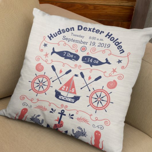 Nautical Navy Coral Boy Nursery Baby Birth Stat Kussen
