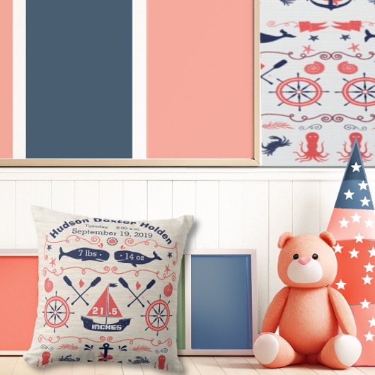 Nautical Navy Coral Boy Nursery Baby Birth Stat Kussen
