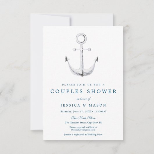 Nautical Navy Couples Douche Uitnodiging Kaart (Voorkant)