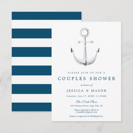 Nautical Navy Couples Douche Uitnodiging Kaart (Voorkant / Achterkant)