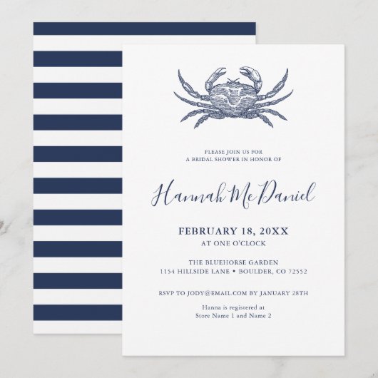 Nautical Navy Crab Bridal Shower Kaart (Voorkant / Achterkant)