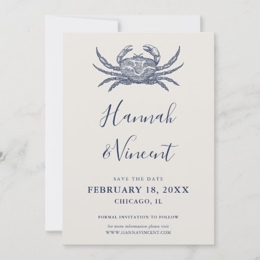 Nautical Navy Crab Save the Date Kaart (Voorkant)