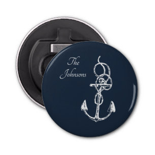 Nautical Navy Custom Family Name Anchor Button Flesopener