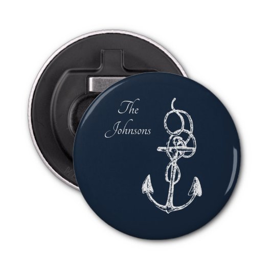 Nautical Navy Custom Family Name Anchor Button Flesopener (Voorkant)