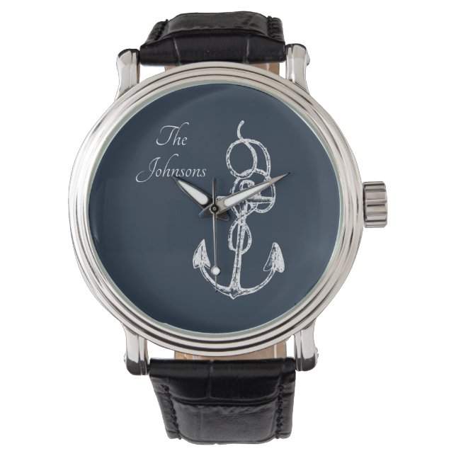 Nautical Navy Custom Family Name Anchor Horloge (Voorkant)