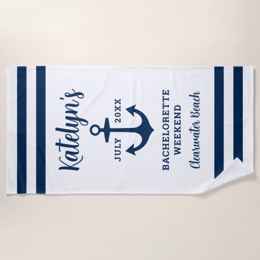 Nautical Navy Custom Wedding Bachelorette Party Strandlaken (Voorkant)