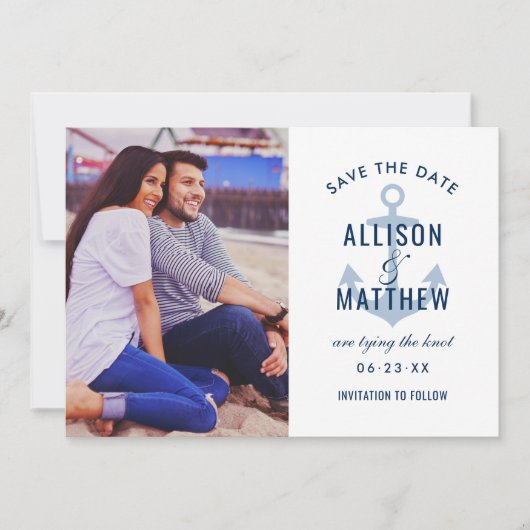 Nautical Navy Dusty Blue Anchor Weddenfoto Save The Date (Voorkant)
