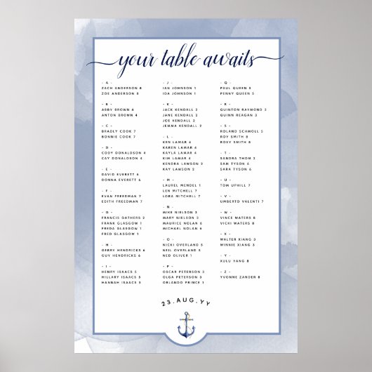 #Nautical Navy+Dusty Blue Waterverf Seating Chart Poster (Voorkant)