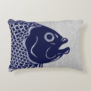 Nautical Navy Fish Head & Grey Herringbone Accent Kussen