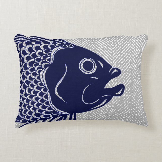 Nautical Navy Fish Head & Grey Herringbone Accent Kussen (Voorkant)