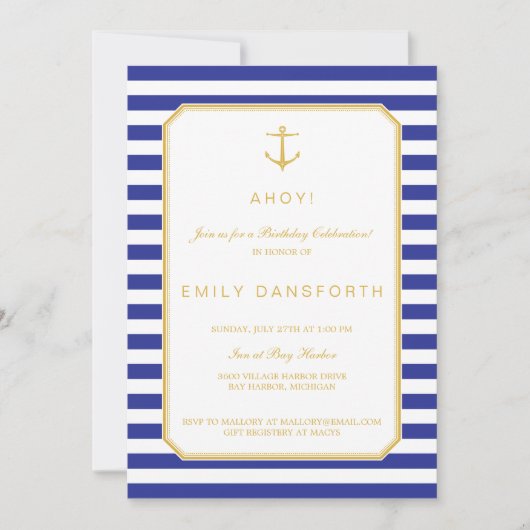 Nautical Navy & Gold Birthday Party Invitation Kaart (Voorkant)