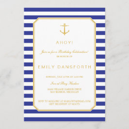 Nautical Navy & Gold Birthday Party Invitation Kaart