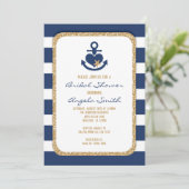Nautical Navy & Gold Bridal Shower Invitation Kaart (Staand voorkant)