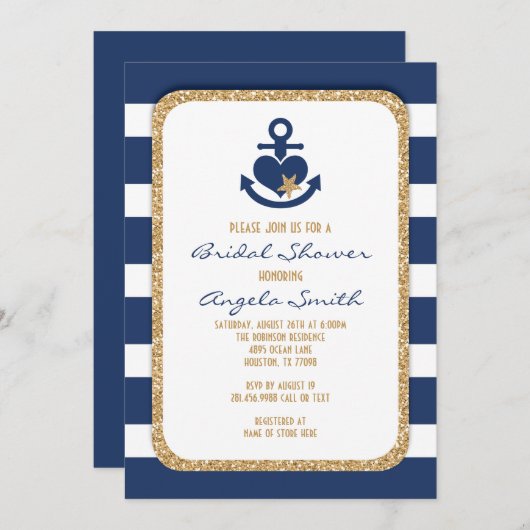 Nautical Navy & Gold Bridal Shower Invitation Kaart (Voorkant / Achterkant)