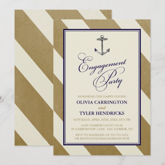 Nautical Navy & Gold Engagement Party Kaart (Voorkant / Achterkant)