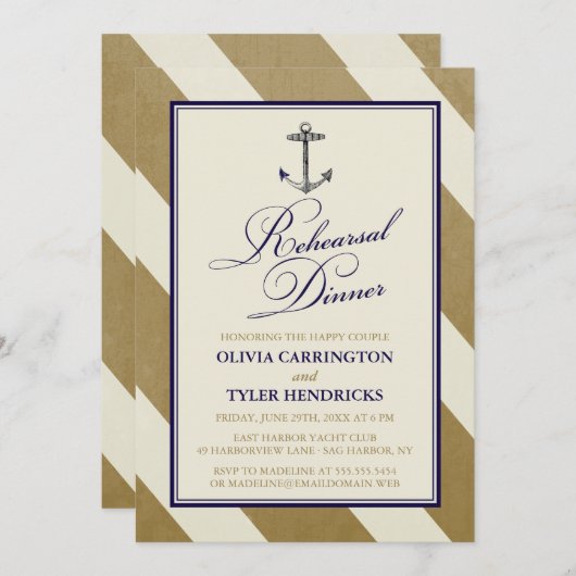 Nautical Navy & Gold Rehearsal Dinner Kaart (Voorkant / Achterkant)