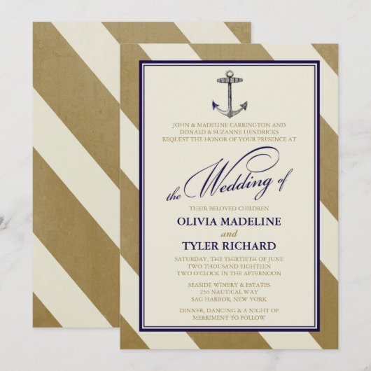 Nautical Navy & Gold Wedding Invitations Kaart (Voorkant / Achterkant)
