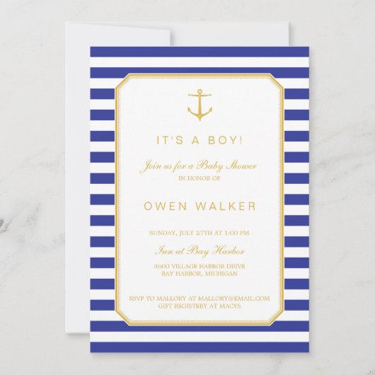 Nautical Navy & Goud Baby Shower Uitnodiging (Voorkant)