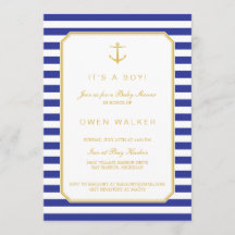 Nautical Navy & Gouden Baby Shower Uitnodiging