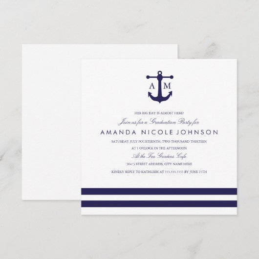 Nautical Navy Graduation Party Invite Kaart (Voorkant / Achterkant)