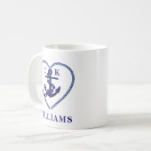 Nautical Navy Heart Anchor Wedding Monogram Koffiemok (Voorkant links)