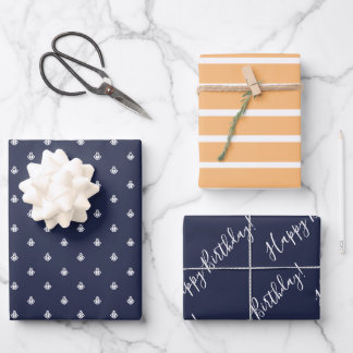 Nautical Navy & Light Oranje Birthday Wrapping Inpakpapier Vel