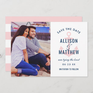 Nautical Navy Light Pink Anchor Wedding Photo Save The Date