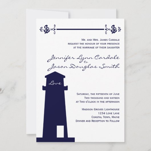 Nautical Navy Lighthouse Anchor Wedding Uitnodigin Kaart (Voorkant)