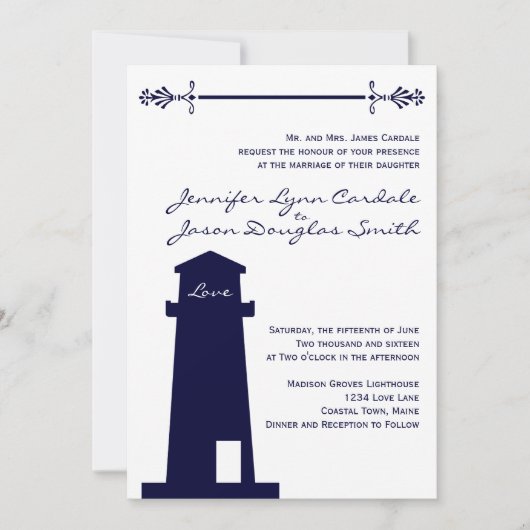 Nautical Navy Lighthouse Wedding Invitations Kaart (Voorkant)
