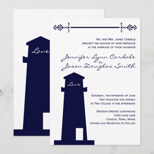 Nautical Navy Lighthouse Wedding Invitations Kaart (Voorkant / Achterkant)