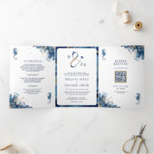 Nautical Navy Monogram Ampersand QR Code Weddensch Drieluik Uitnodiging (Binnen)