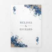 Nautical Navy Monogram Ampersand QR Code Weddensch Drieluik Uitnodiging (Cover)