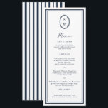 Nautical Navy Monogram Long Wedding Menu Card Kaart<br><div class="desc">Nautical Wedding Menu in classic navy and white — a chic coastal reception menu perfect for elegant seaside celebrations. Inspired by timeless Coastal Elegance and yacht-club aesthetics, this navy stripe monogram long menu is ideal for the modern coastal bride who loves refined simplicity. Style with striped table numbers, navy place...</div>