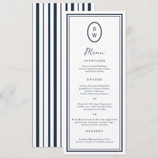 Nautical Navy Monogram Long Wedding Menu Card Kaart (Voorkant / Achterkant)