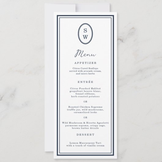 Nautical Navy Monogram Long Wedding Menu Card Kaart (Voorkant)