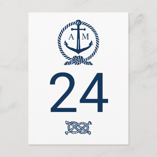 Nautical Navy Monogram Wedding Table Number Briefkaart (Voorkant)