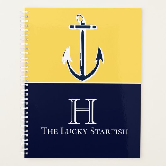 Nautical Navy Mosterd Geel Anker strandhuis Pl Planner (Voorkant)