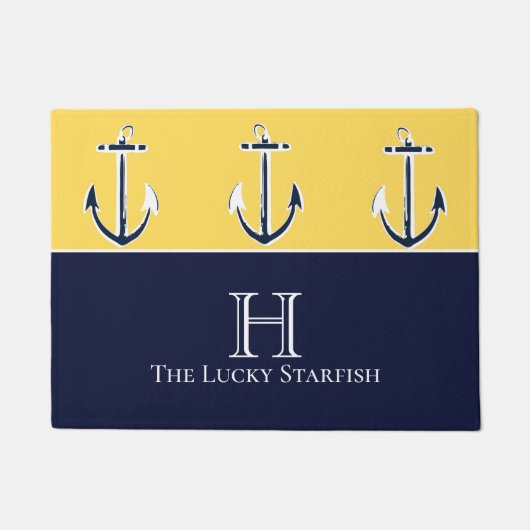 Nautical Navy Mustard Yellow Anchor strand house Deurmat (Voorkant)